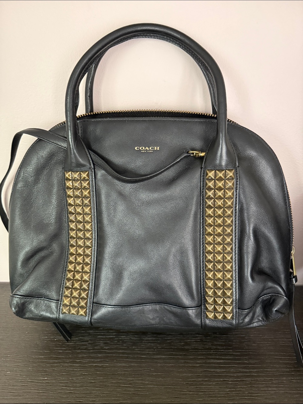 Coach Black Leather Satchel with Gold Stud Accents